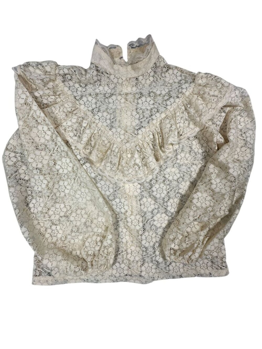 Vintage Captive Fashion Cream Lace Blouse High Neck Ruffle Sheer Back Zipper - Picture 2 of 8